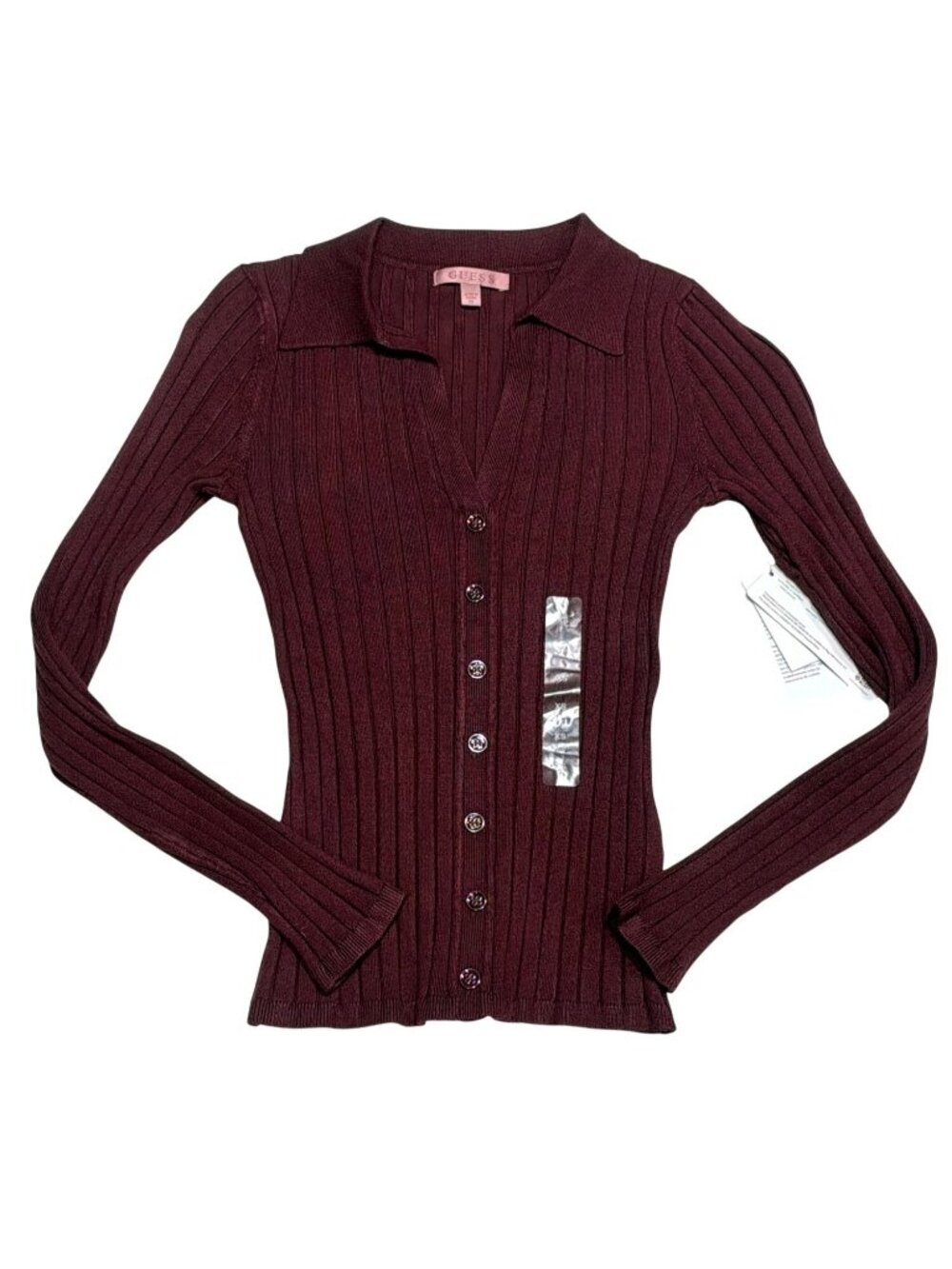 NWT GUESS Burgundy Ribbed Button Front Collared Cardigan XS MSRP $98